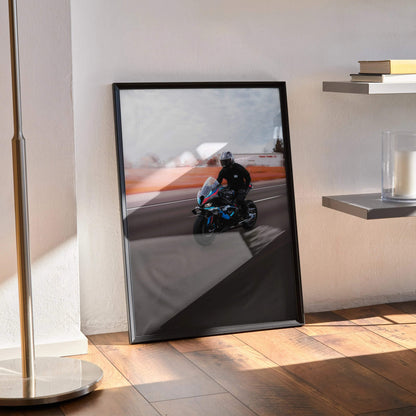 Biker Poster #034 - Male | AGV Pista Helmet | BMW M1000RR Motorcycle | Rolling Shot - Throttle Designs