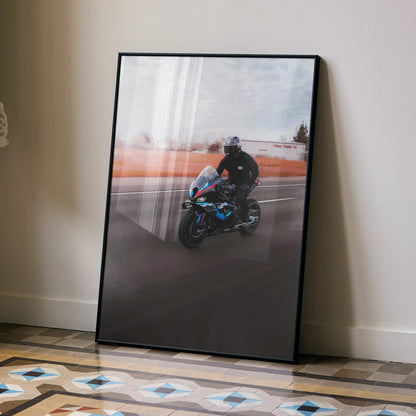 Biker Poster #034 - Male | AGV Pista Helmet | BMW M1000RR Motorcycle | Rolling Shot - Throttle Designs