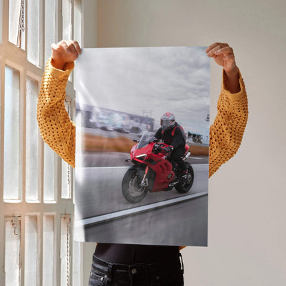 Biker Poster #039 - Male | Shoei X-14 Helmet | Ducati V4S Motorcycle | Rolling Shot - Throttle Designs