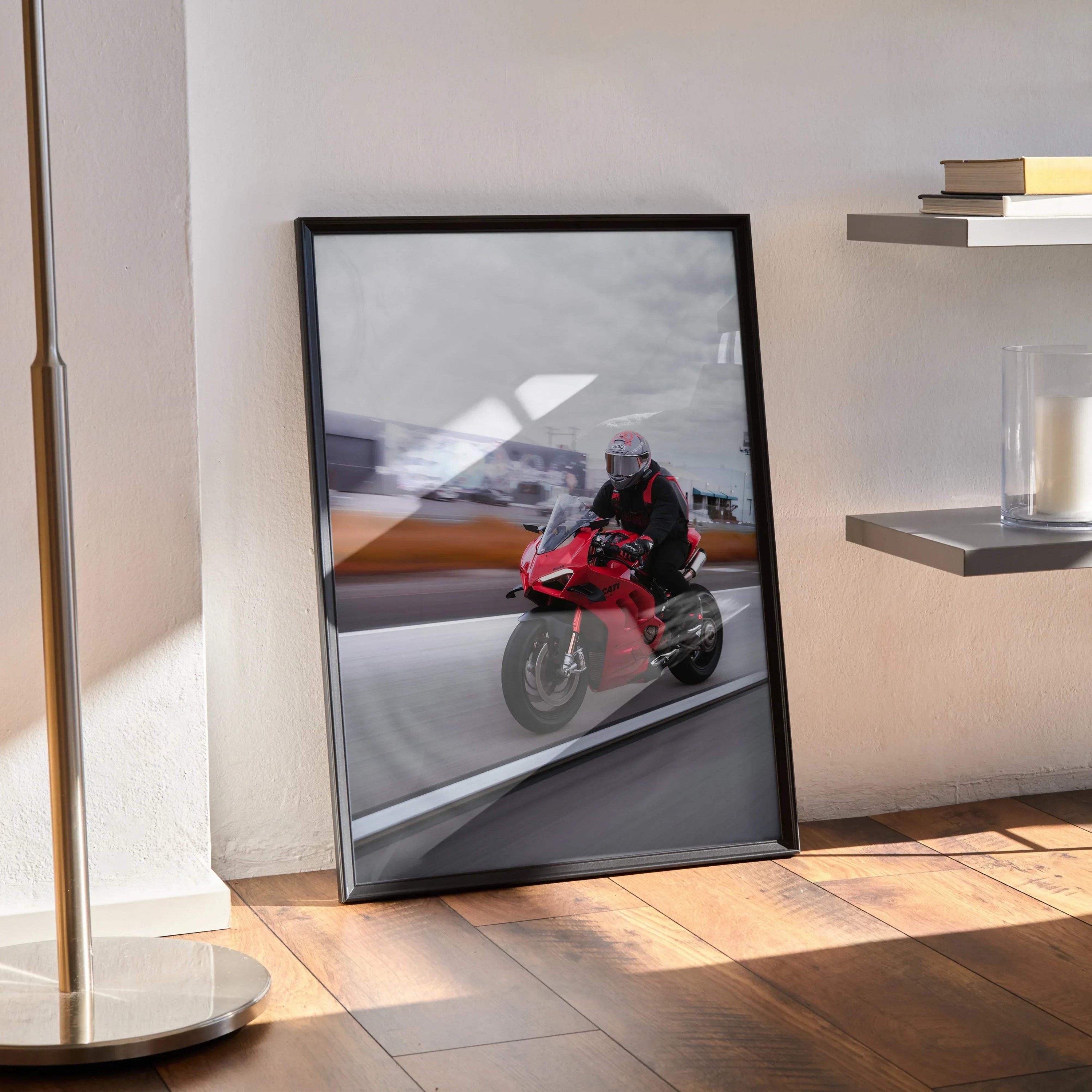 Biker Poster #039 - Male | Shoei X-14 Helmet | Ducati V4S Motorcycle | Rolling Shot - Throttle Designs