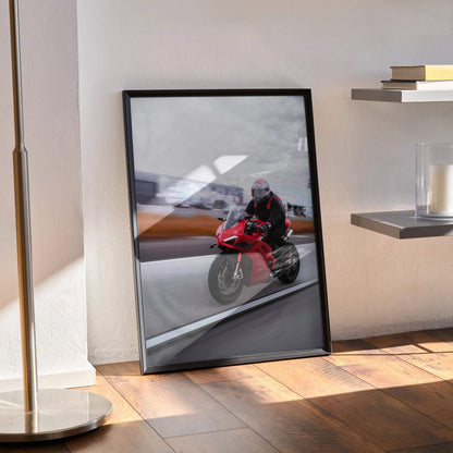 Biker Poster #039 - Male | Shoei X-14 Helmet | Ducati V4S Motorcycle | Rolling Shot - Throttle Designs