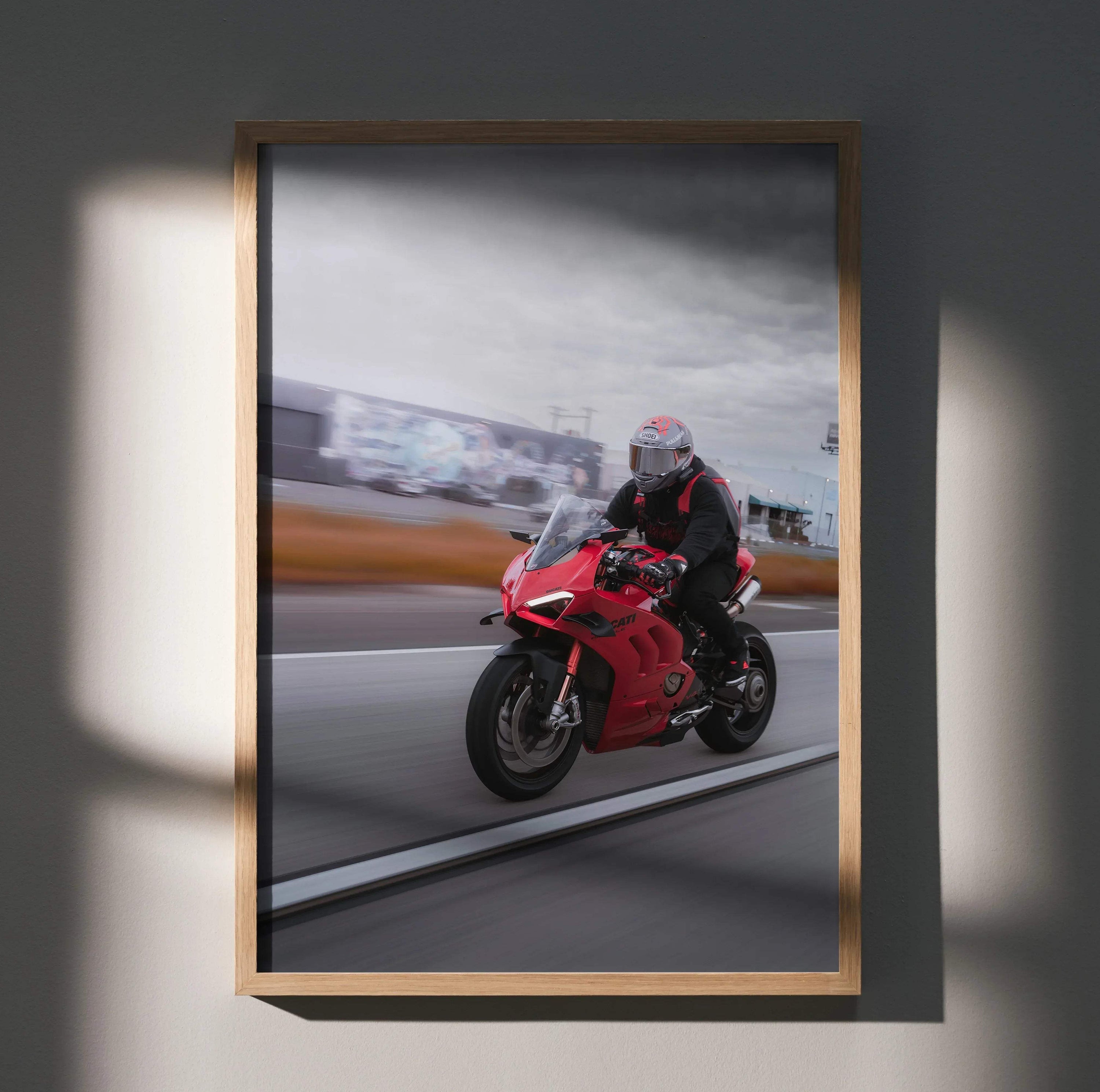 Biker Poster #039 - Male | Shoei X-14 Helmet | Ducati V4S Motorcycle | Rolling Shot - Throttle Designs