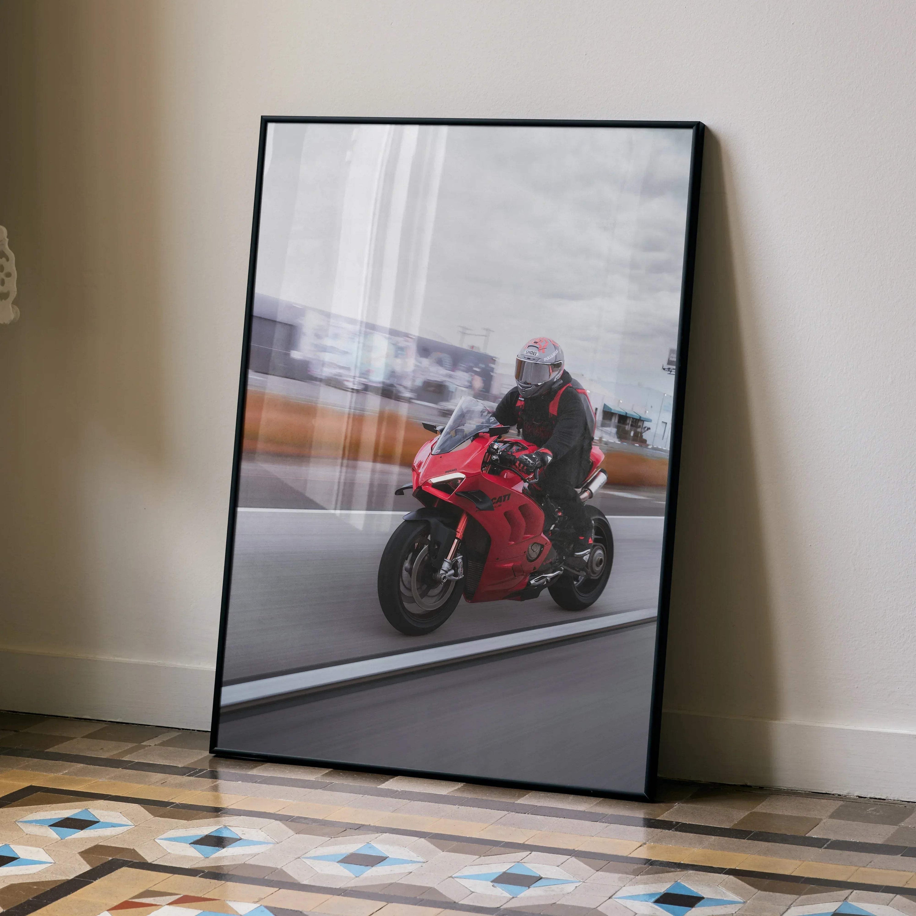 Biker Poster #039 - Male | Shoei X-14 Helmet | Ducati V4S Motorcycle | Rolling Shot - Throttle Designs