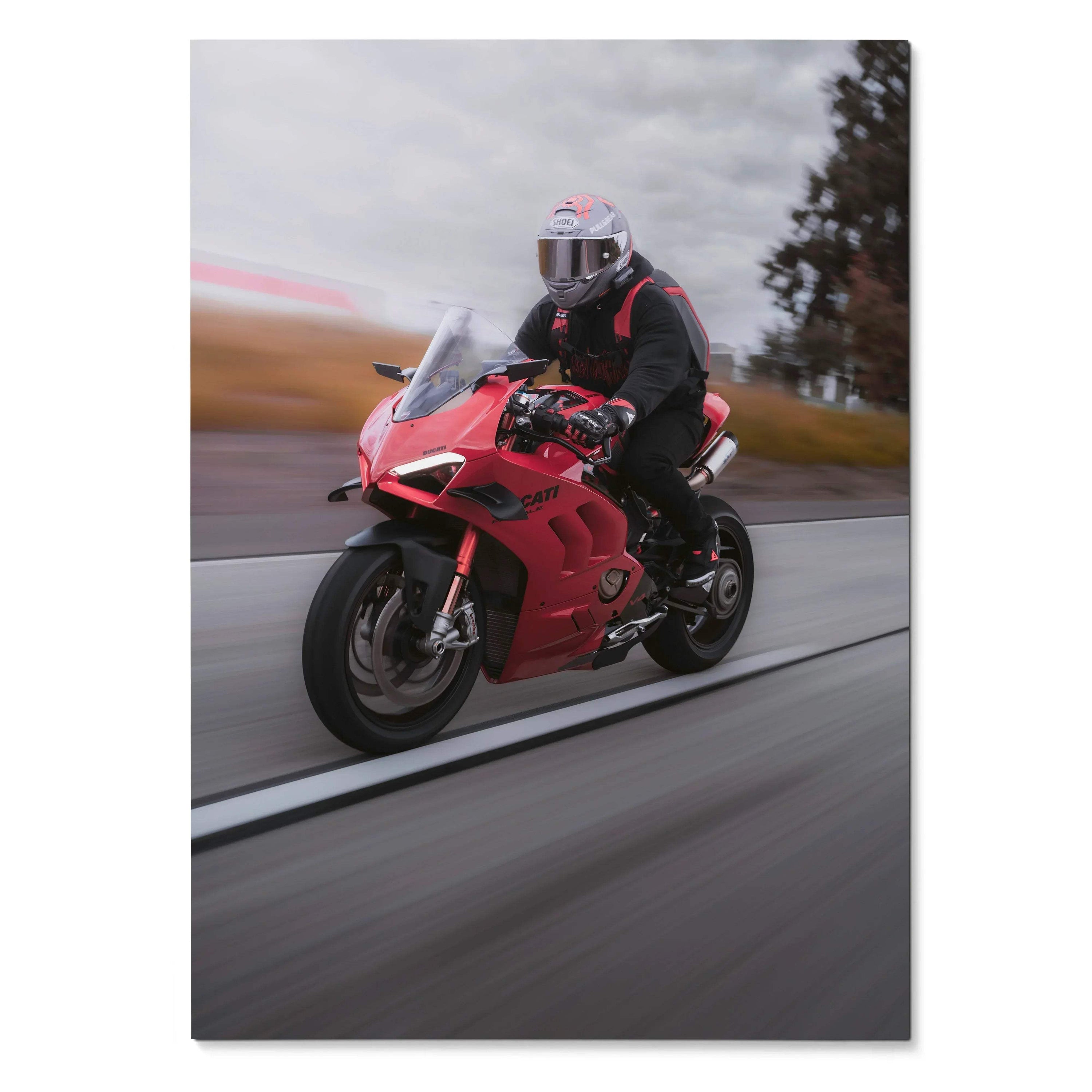 Biker Poster #040 - Male | Shoei X-14 Helmet | Ducati V4S Motorcycle | Rolling Shot - Throttle Designs
