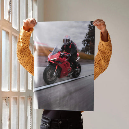Biker Poster #040 - Male | Shoei X-14 Helmet | Ducati V4S Motorcycle | Rolling Shot - Throttle Designs
