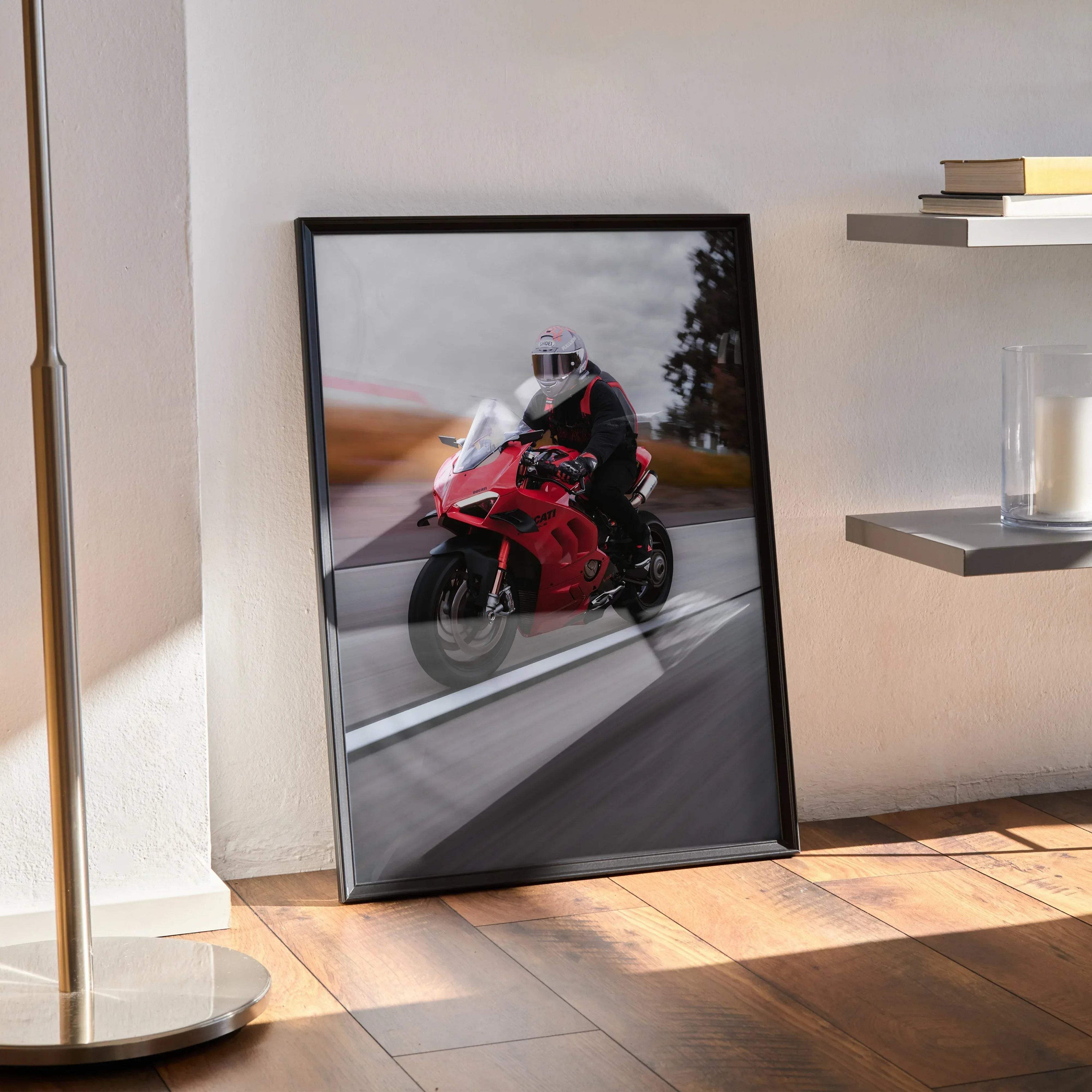 Biker Poster #040 - Male | Shoei X-14 Helmet | Ducati V4S Motorcycle | Rolling Shot - Throttle Designs