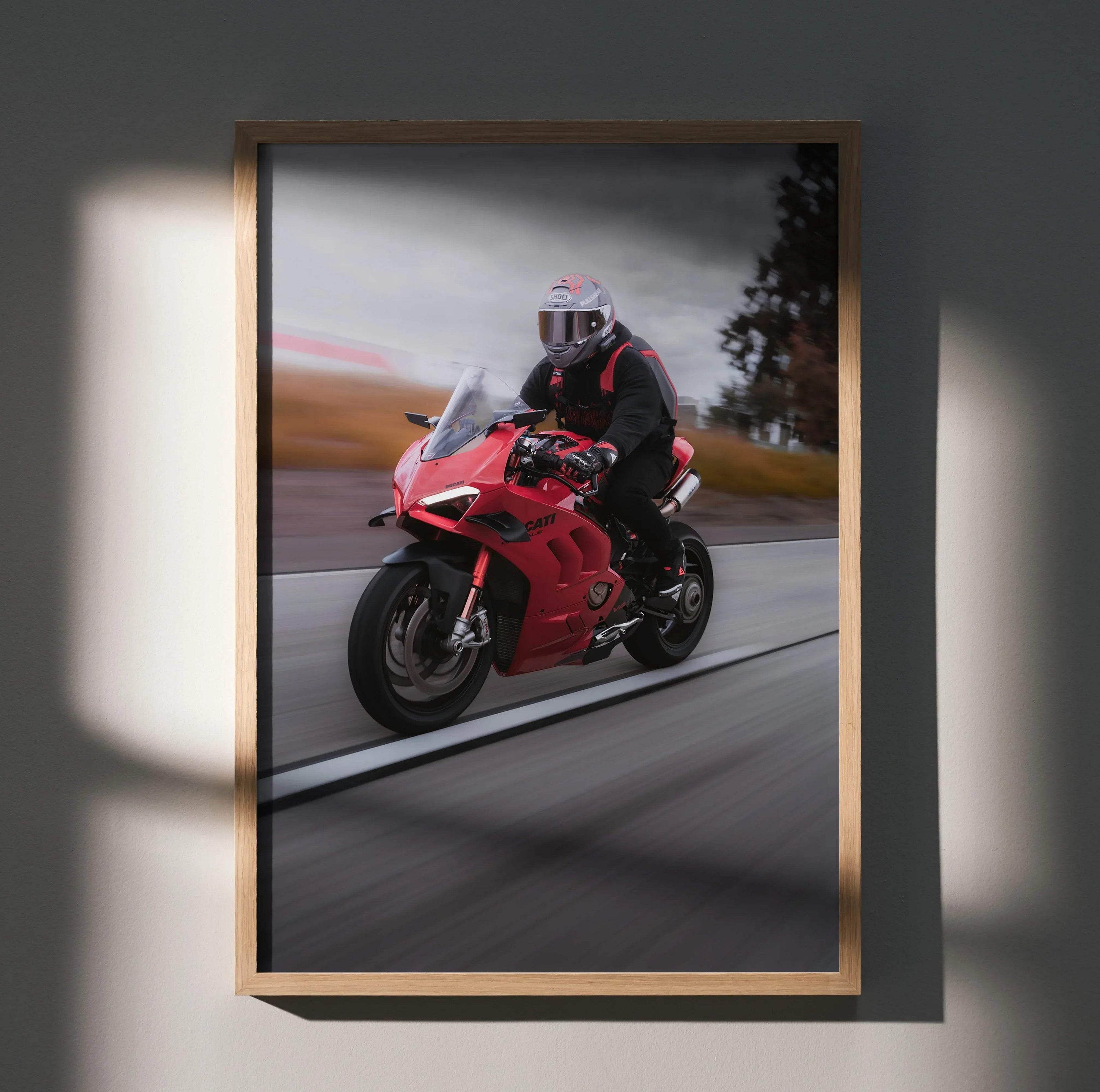 Biker Poster #040 - Male | Shoei X-14 Helmet | Ducati V4S Motorcycle | Rolling Shot - Throttle Designs