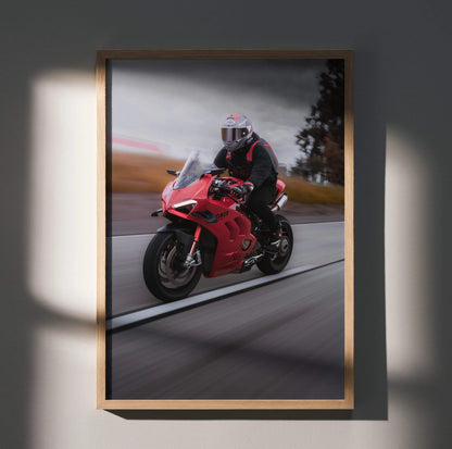 Biker Poster #040 - Male | Shoei X-14 Helmet | Ducati V4S Motorcycle | Rolling Shot - Throttle Designs