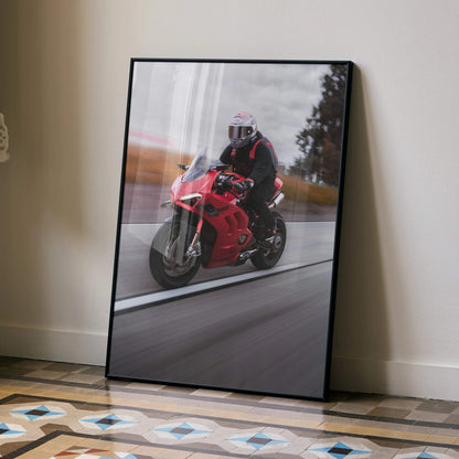 Biker Poster #040 - Male | Shoei X-14 Helmet | Ducati V4S Motorcycle | Rolling Shot - Throttle Designs