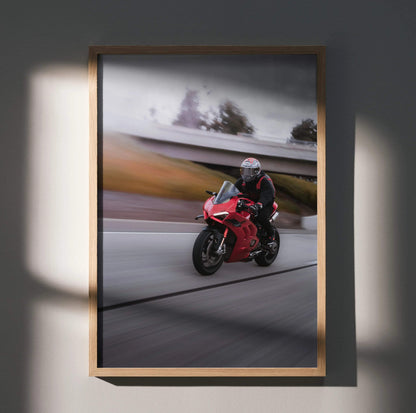 Biker Poster #041 - Male | Shoei X-14 Helmet | Ducati V4S Motorcycle | Rolling Shot - Throttle Designs