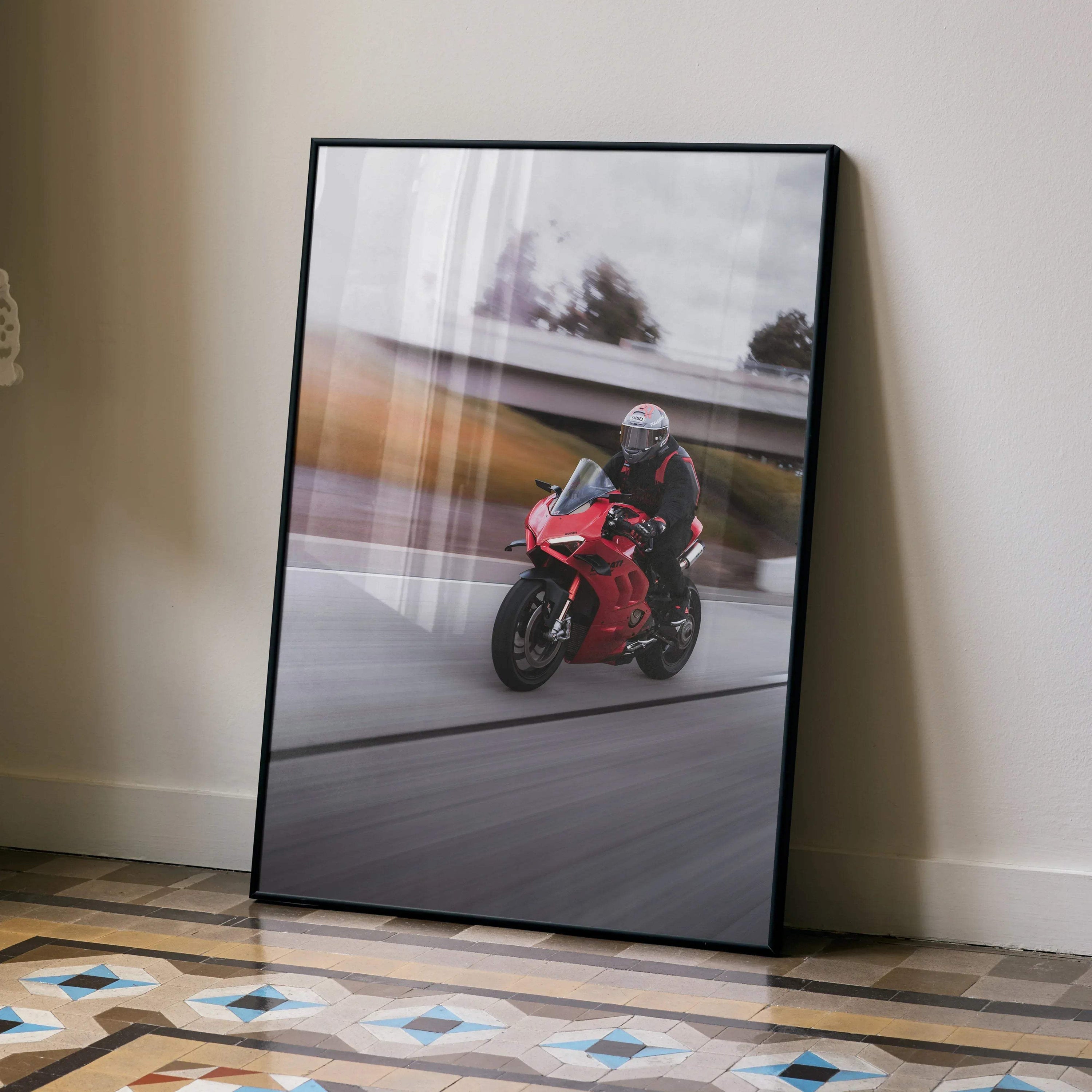 Biker Poster #041 - Male | Shoei X-14 Helmet | Ducati V4S Motorcycle | Rolling Shot - Throttle Designs