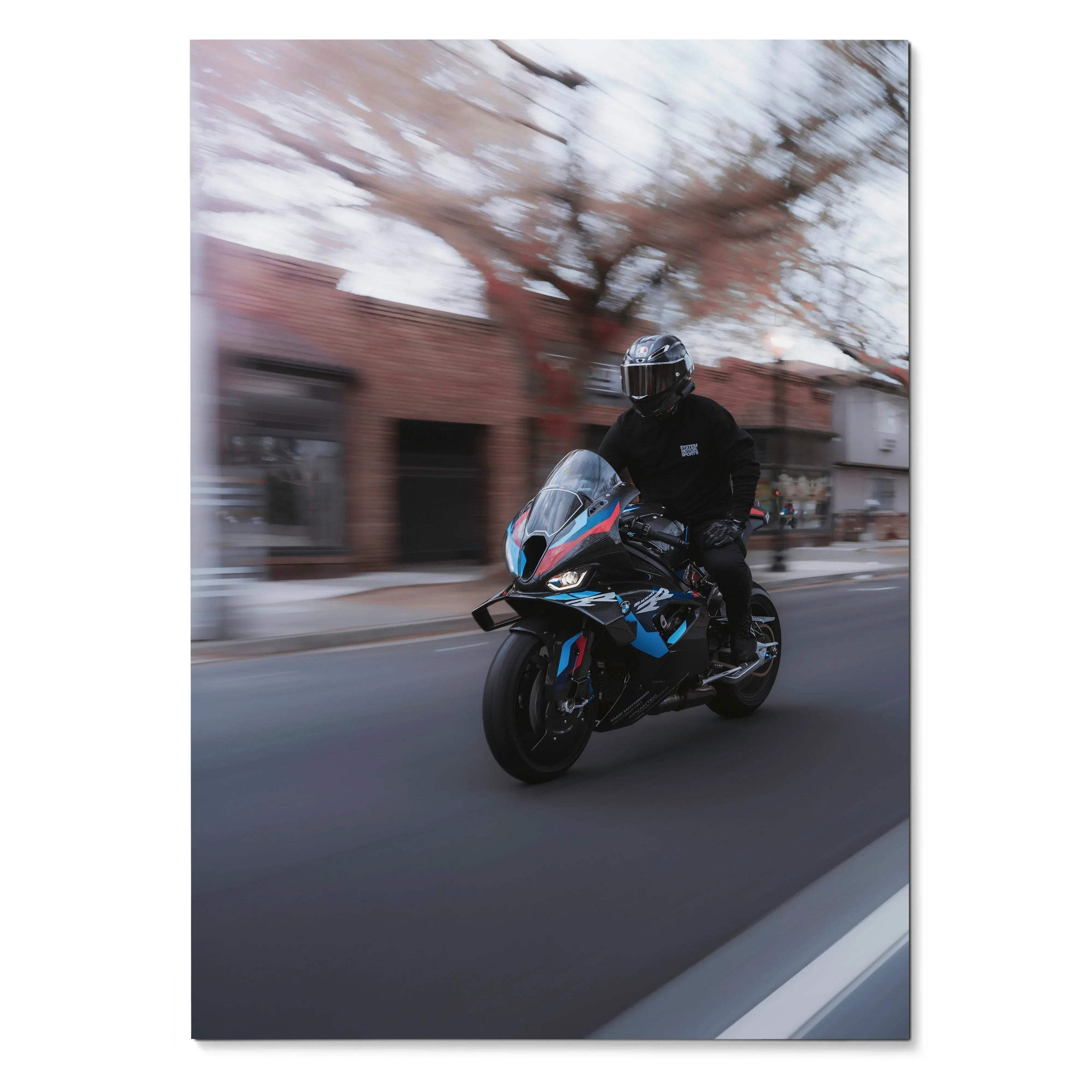 Biker Poster #035 - Male | AGV Pista Helmet | BMW M1000RR Motorcycle | Rolling Shot - Throttle Designs