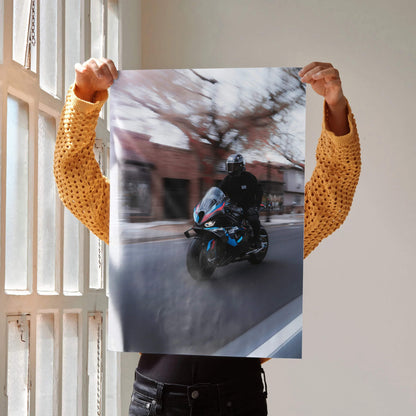 Biker Poster #035 - Male | AGV Pista Helmet | BMW M1000RR Motorcycle | Rolling Shot - Throttle Designs