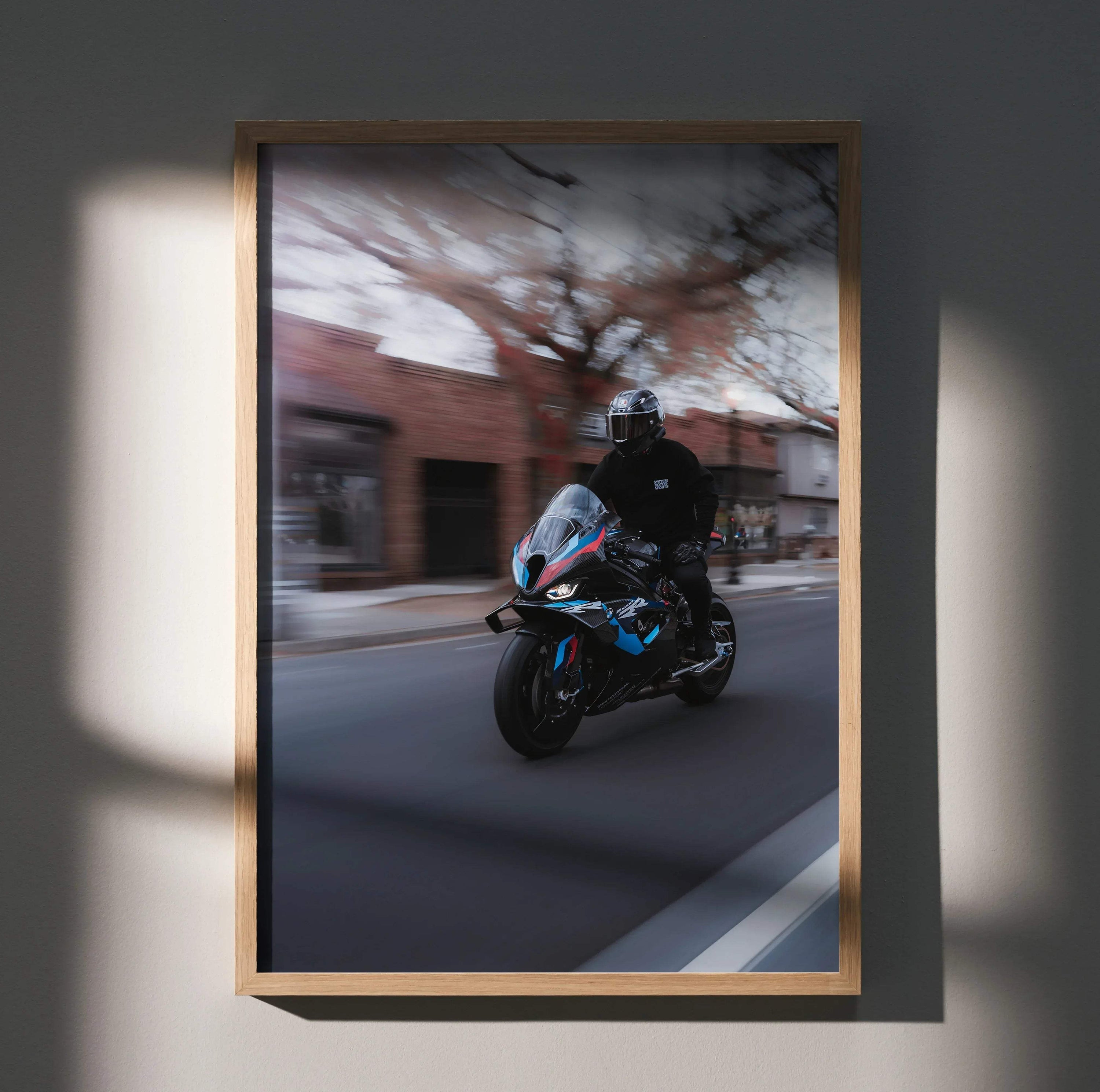 Biker Poster #035 - Male | AGV Pista Helmet | BMW M1000RR Motorcycle | Rolling Shot - Throttle Designs