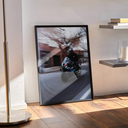 Biker Poster #035 - Male | AGV Pista Helmet | BMW M1000RR Motorcycle | Rolling Shot - Throttle Designs