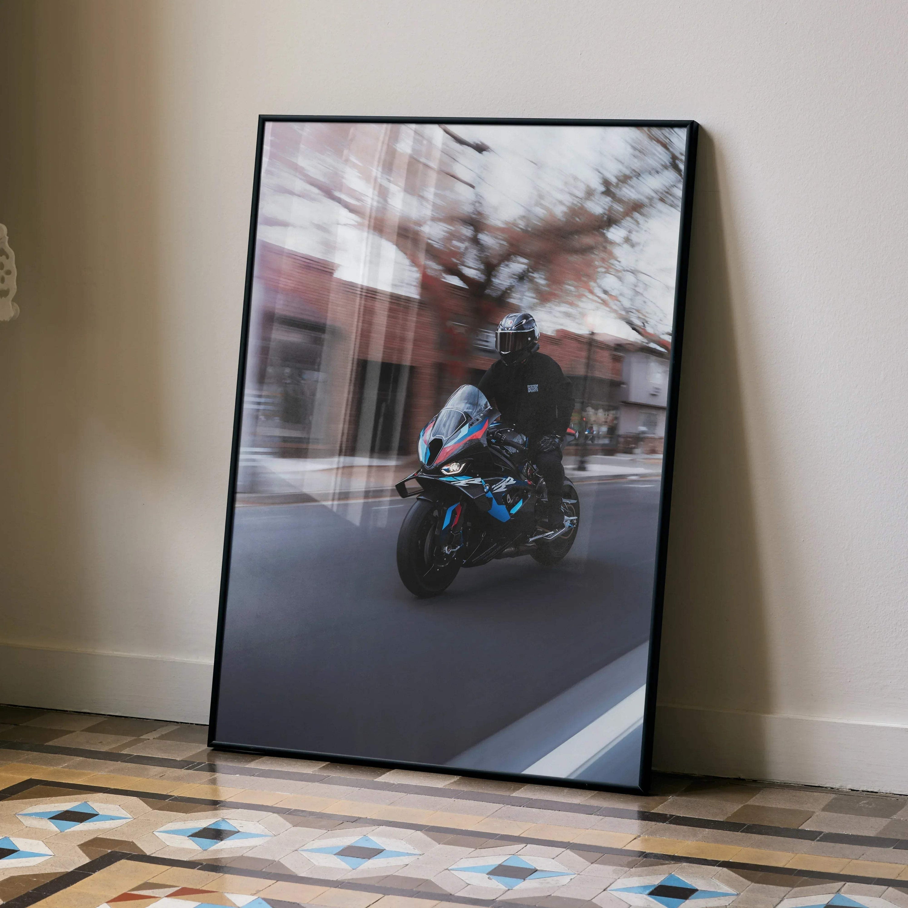 Biker Poster #035 - Male | AGV Pista Helmet | BMW M1000RR Motorcycle | Rolling Shot - Throttle Designs