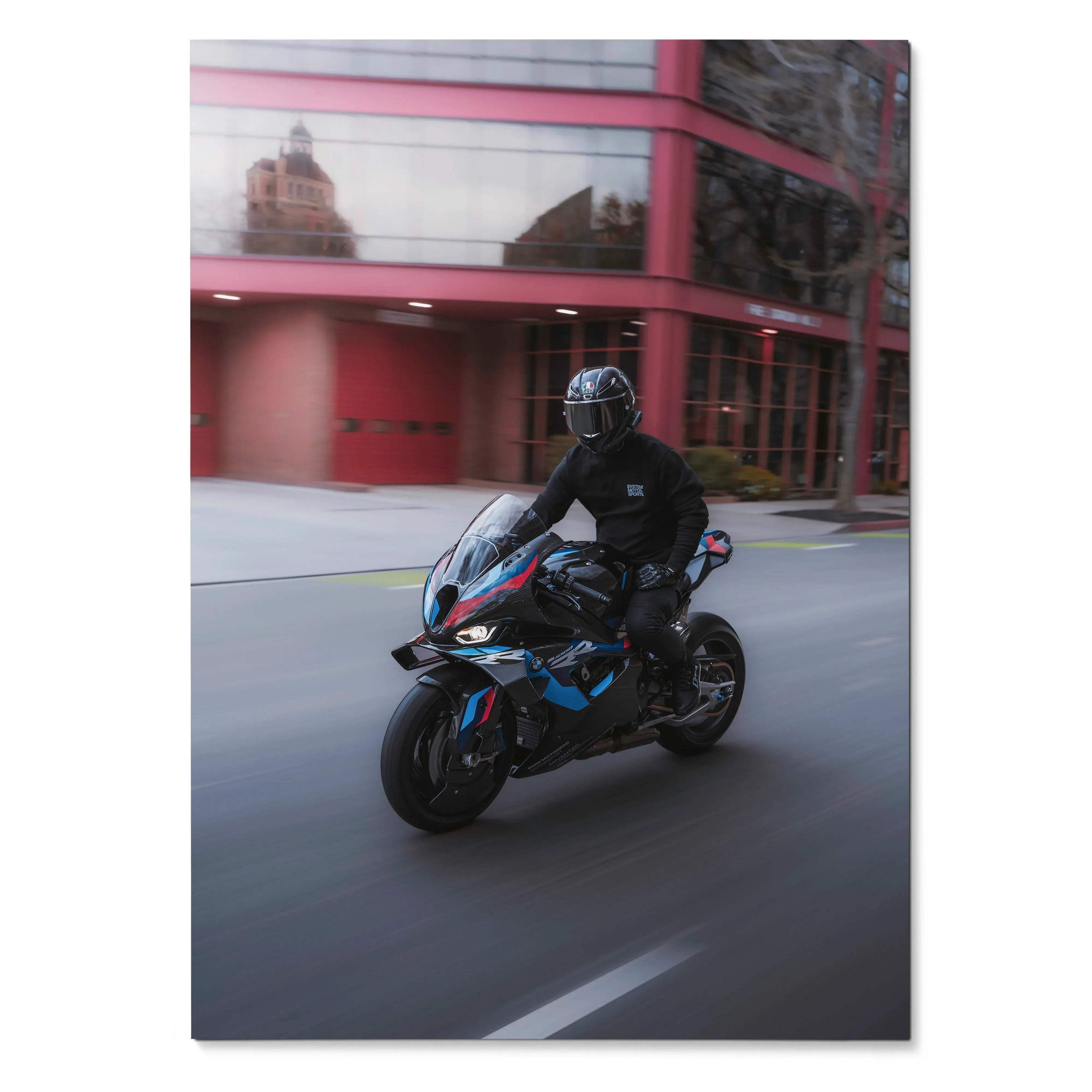 Biker Poster #036 - Male | AGV Pista Helmet | BMW M1000RR Motorcycle | Rolling Shot - Throttle Designs