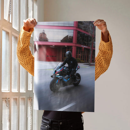 Biker Poster #036 - Male | AGV Pista Helmet | BMW M1000RR Motorcycle | Rolling Shot - Throttle Designs