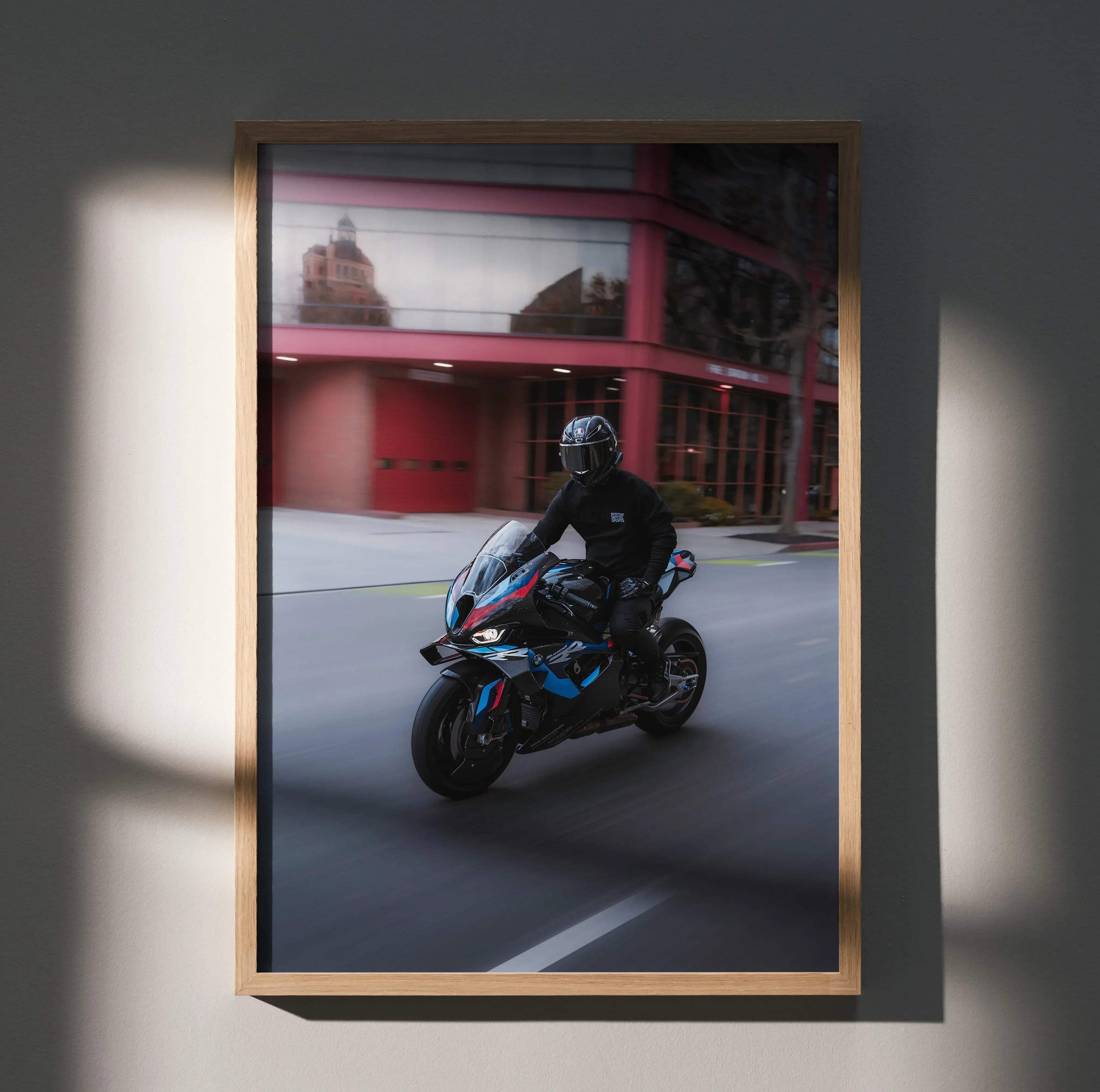 Biker Poster #036 - Male | AGV Pista Helmet | BMW M1000RR Motorcycle | Rolling Shot - Throttle Designs