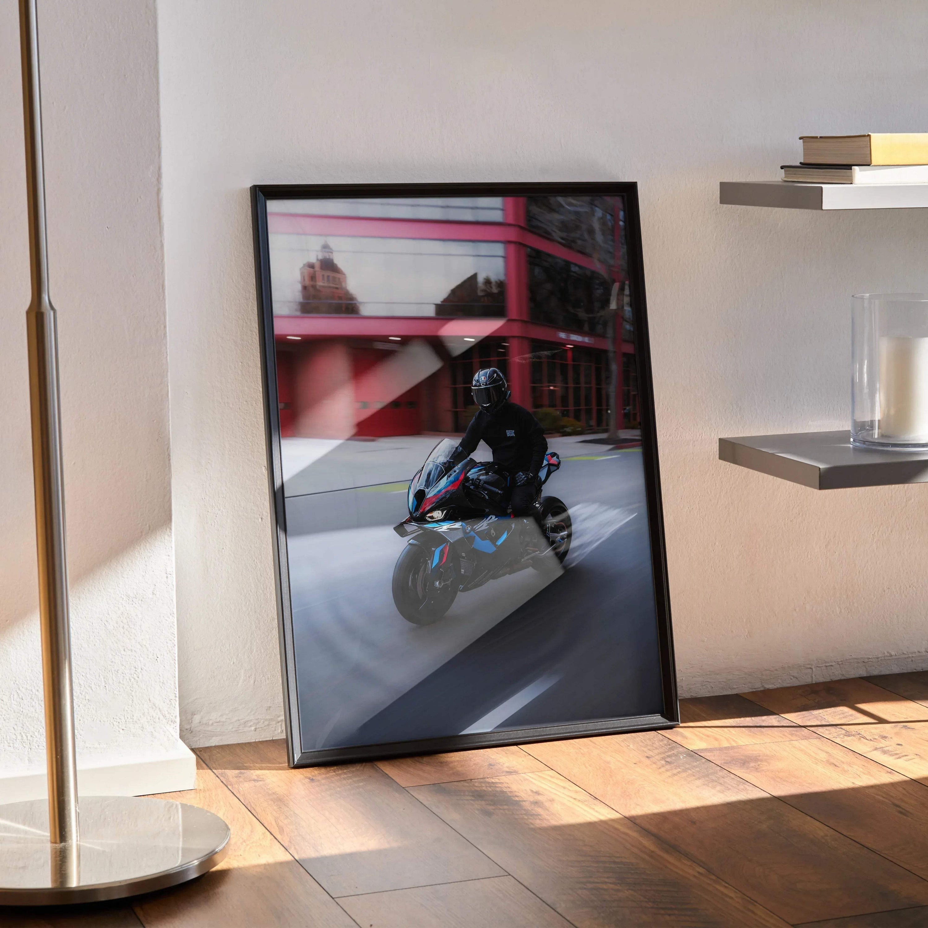 Biker Poster #036 - Male | AGV Pista Helmet | BMW M1000RR Motorcycle | Rolling Shot - Throttle Designs