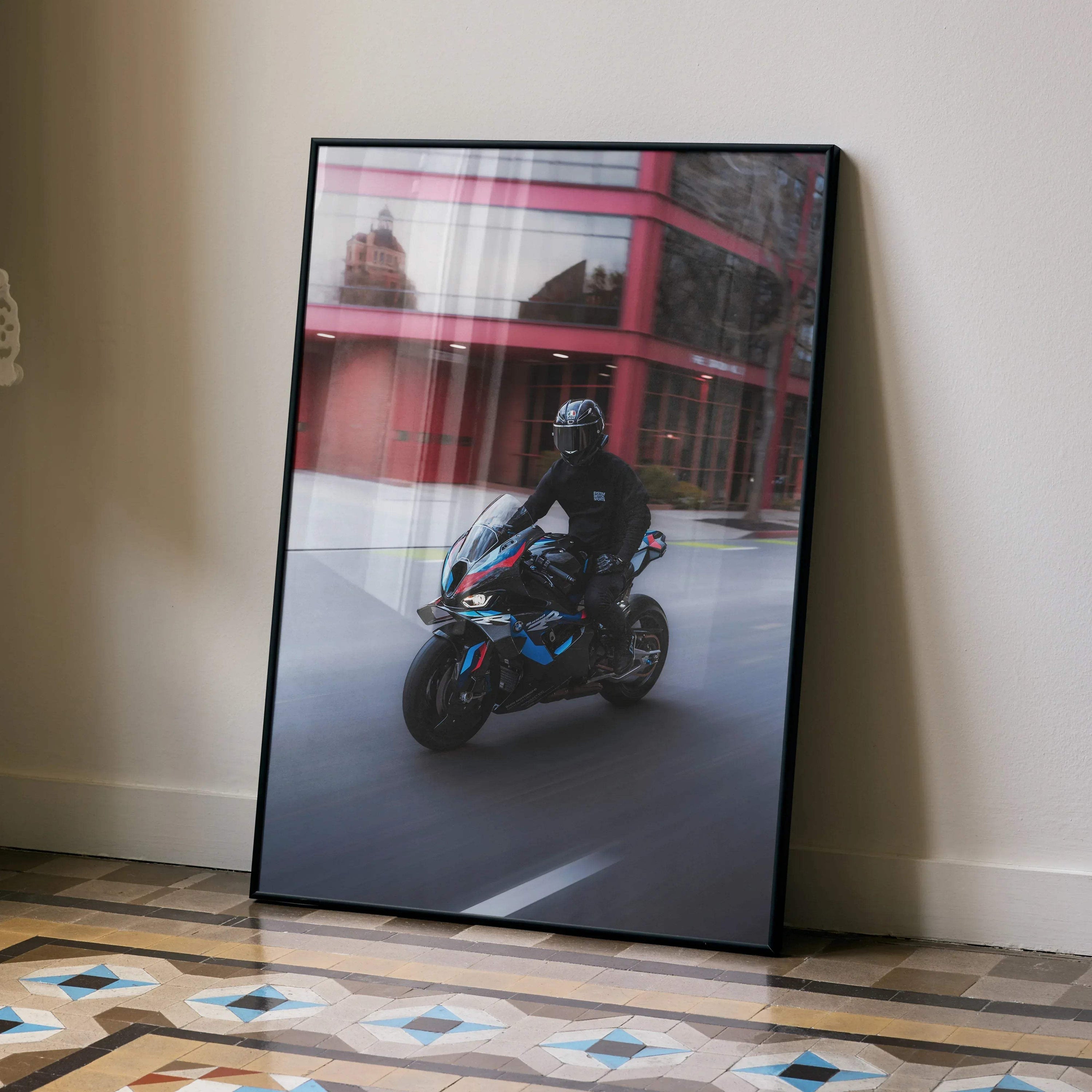 Biker Poster #036 - Male | AGV Pista Helmet | BMW M1000RR Motorcycle | Rolling Shot - Throttle Designs