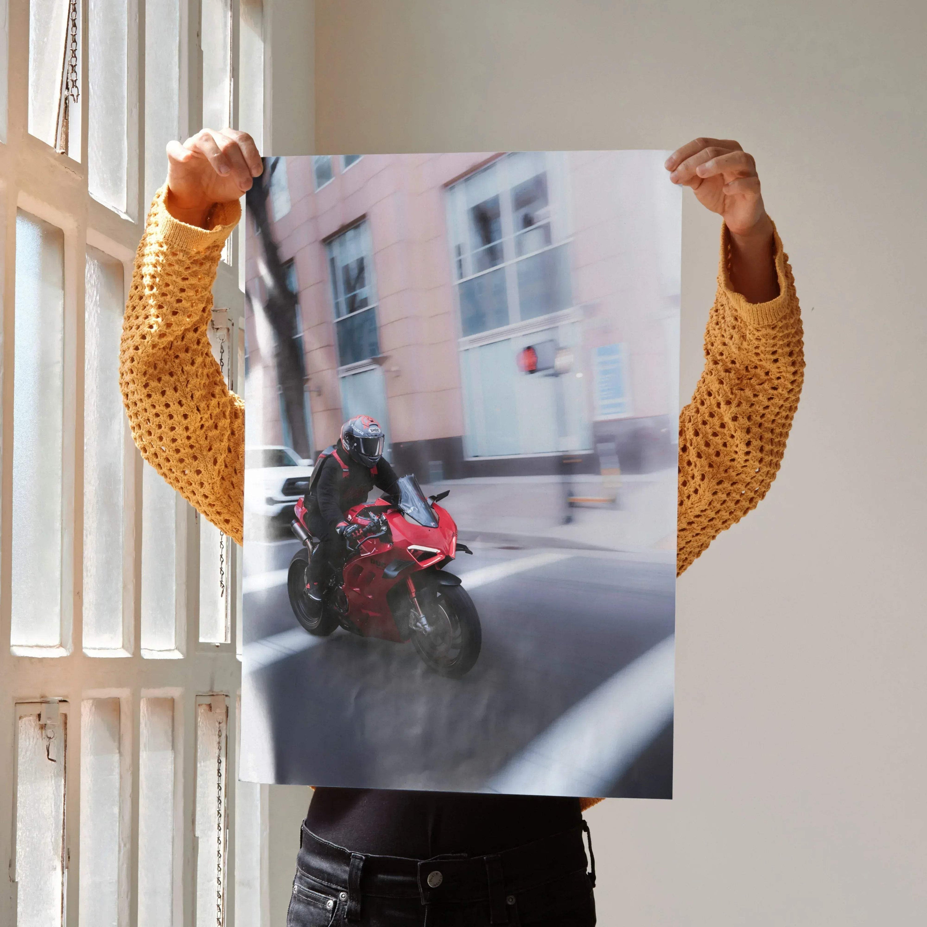 Biker Poster #043 - Male | Shoei X-14 Helmet | Ducati V4S Motorcycle | Rolling Shot - Throttle Designs