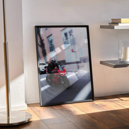 Biker Poster #043 - Male | Shoei X-14 Helmet | Ducati V4S Motorcycle | Rolling Shot - Throttle Designs