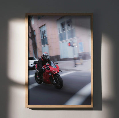 Biker Poster #043 - Male | Shoei X-14 Helmet | Ducati V4S Motorcycle | Rolling Shot - Throttle Designs