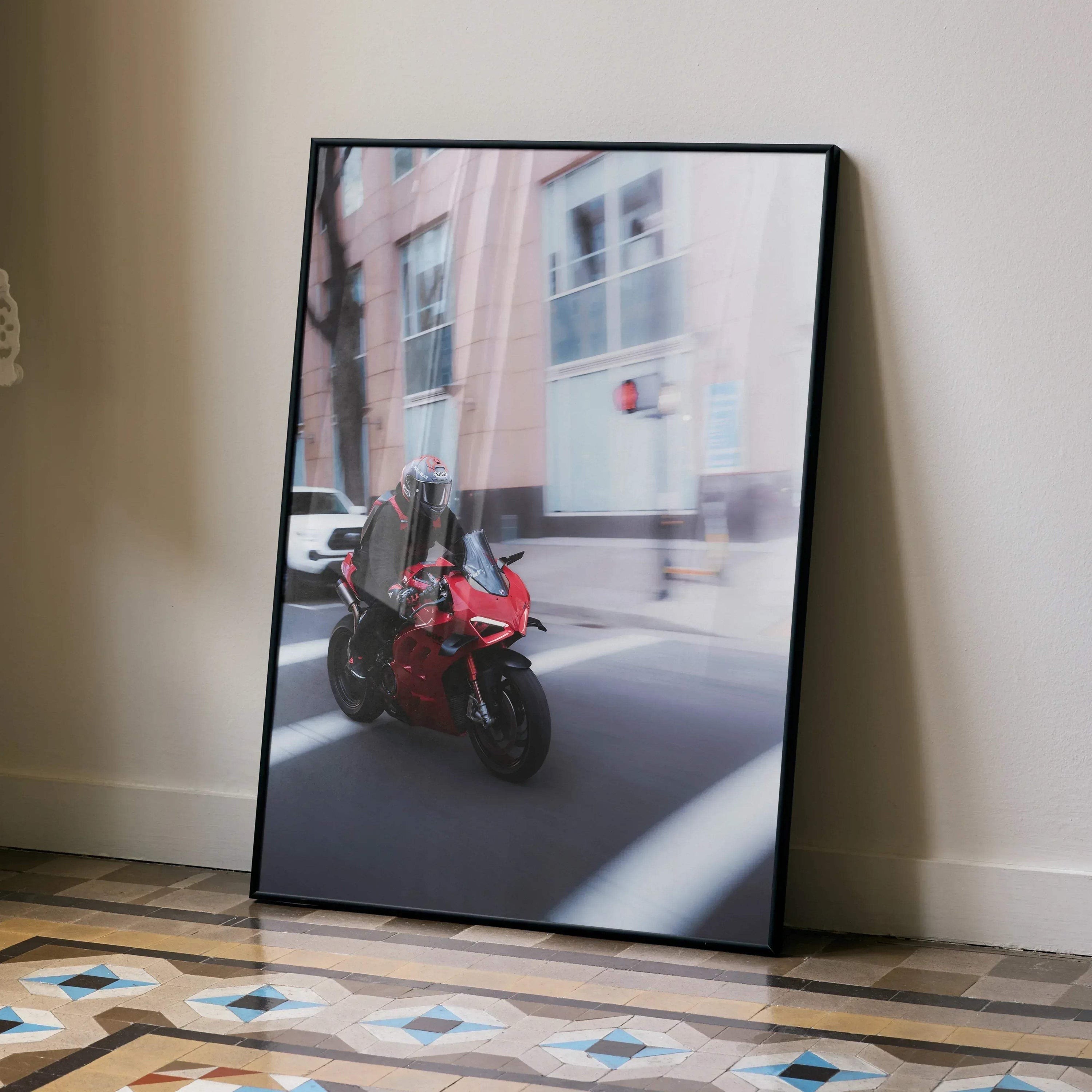 Biker Poster #043 - Male | Shoei X-14 Helmet | Ducati V4S Motorcycle | Rolling Shot - Throttle Designs