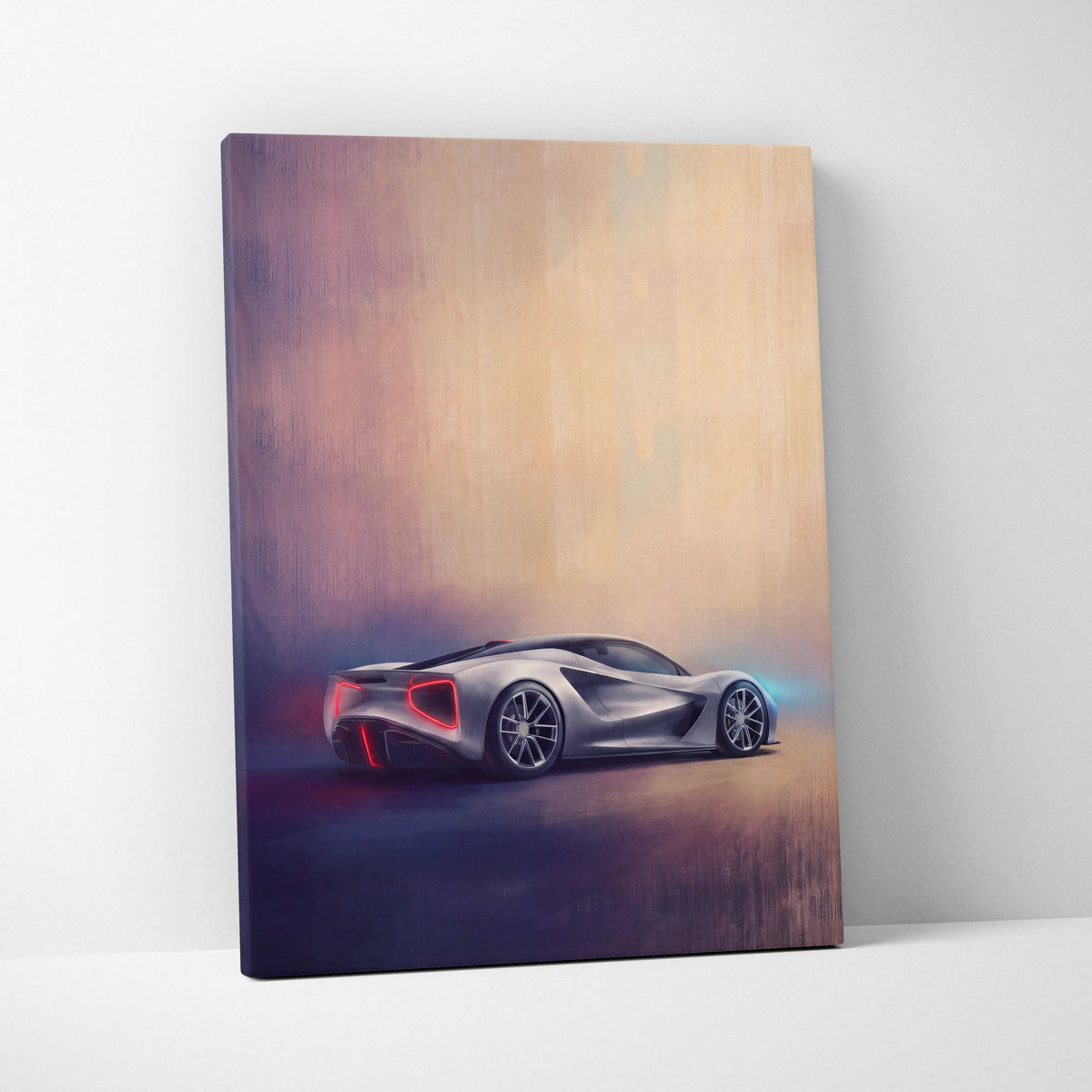 Silver futuristic sports car canvas print with glowing red and blue accents lotus evija inspired premium wall decor