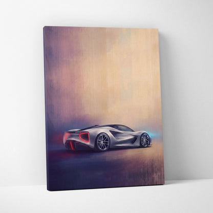 Silver futuristic sports car canvas print with glowing red and blue accents lotus evija inspired premium wall decor