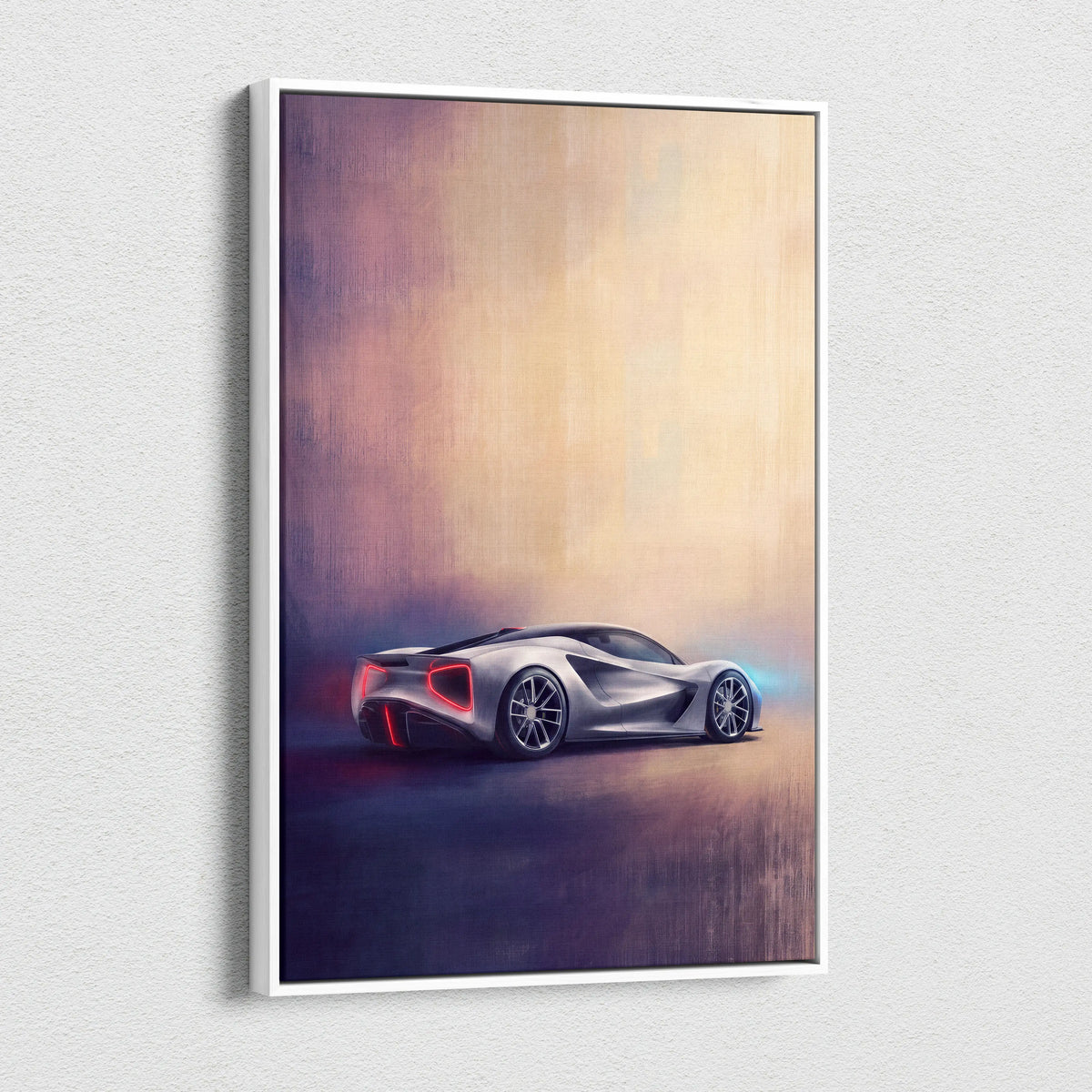 Lotus evija inspired canvas art featuring a silver futuristic sports car with glowing red and blue accents wall decor