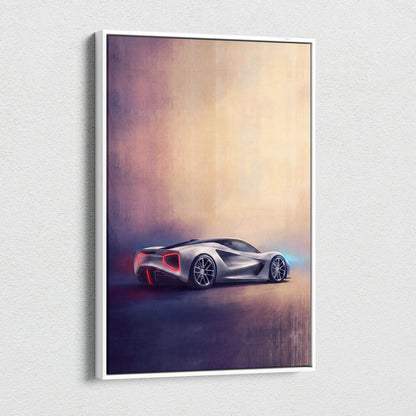 Lotus evija inspired canvas art featuring a silver futuristic sports car with glowing red and blue accents wall decor