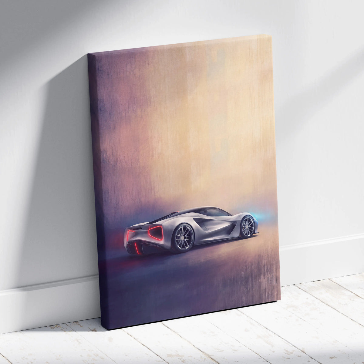 Silver futuristic sports car canvas print with glowing red and blue accents lotus evija inspired wall decor