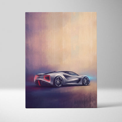 Silver futuristic lotus evija inspired canvas art with glowing red taillights and sleek aerodynamic sports car design
