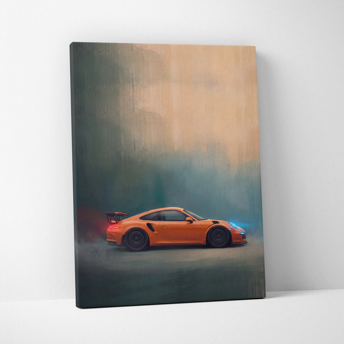 Vibrant orange porsche 911 gt3 rs inspired track edition canvas print with sleek aerodynamic design and glowing accents