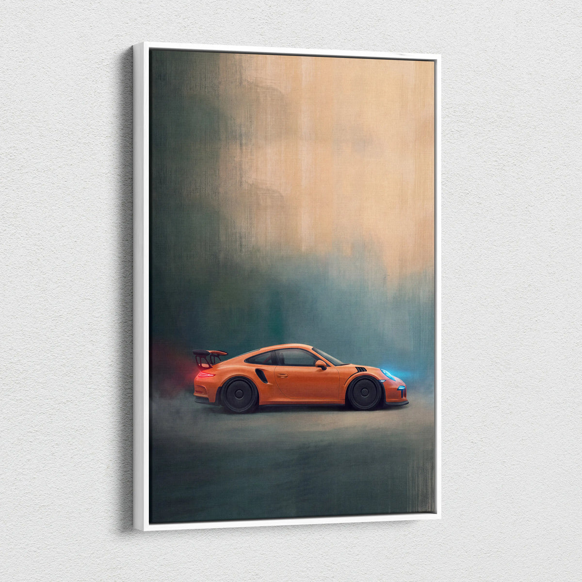 Orange porsche 911 gt3 rs inspired sports car wall art in a white frame with dynamic smoky canvas print