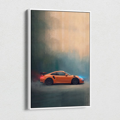 Orange porsche 911 gt3 rs inspired sports car wall art in a white frame with dynamic smoky canvas print