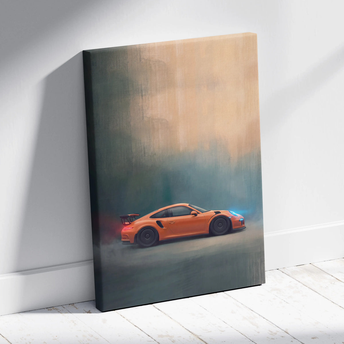 Orange porsche 911 gt3 rs inspired sports car wall art track edition dynamic painting on stretched canvas print