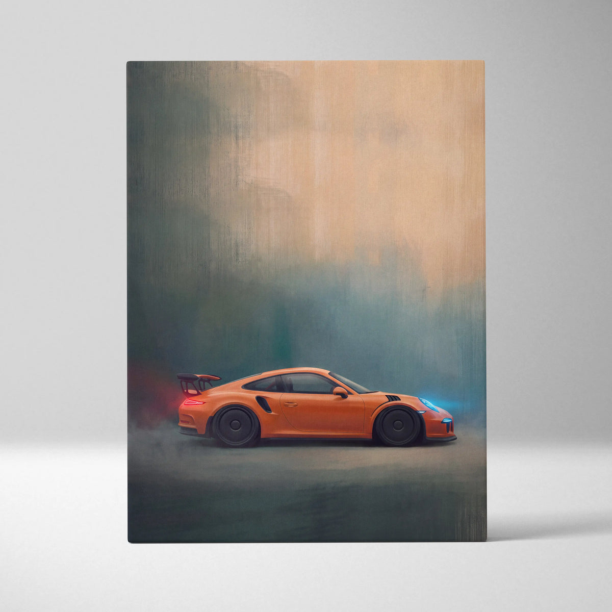 Porsche 911 GT3 RS inspired car wall art canvas print featuring vibrant orange sports car with blue and red accents