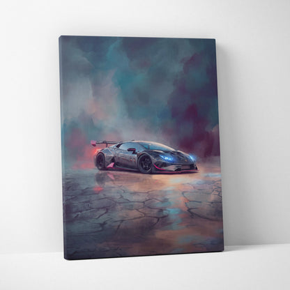 A sleek black Lamborghini Huracán STO canvas print with glowing blue headlights and red accents on cracked pavement