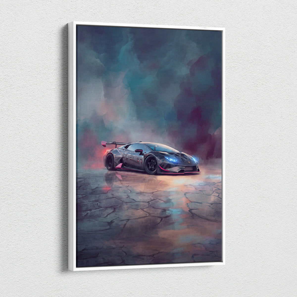A sleek dark gray Lamborghini Huracán STO inspired canvas print with glowing blue headlights and red rear spoiler accents