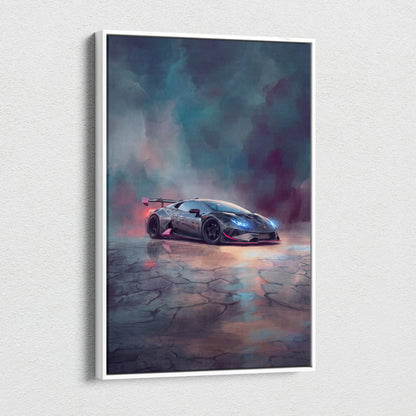 A sleek dark gray Lamborghini Huracán STO inspired canvas print with glowing blue headlights and red rear spoiler accents