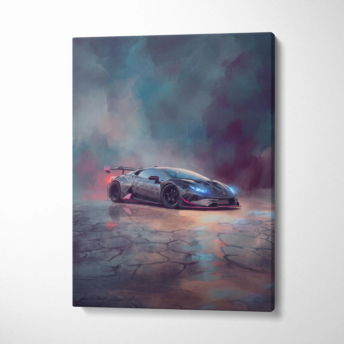 A sleek dark gray Lamborghini Huracán STO automotive wall art with glowing blue headlights and red spoiler accents