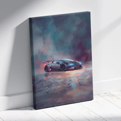 A sleek matte-finished canvas print of a futuristic Lamborghini Huracán STO with glowing blue headlights and red wheel accents