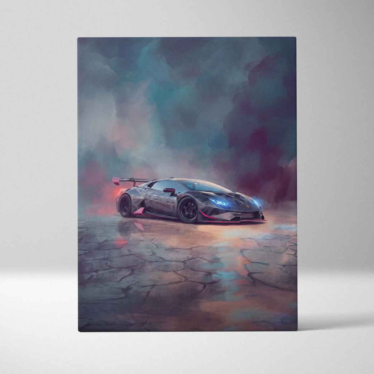 Lamborghini huracán sto inspired automotive wall art featuring a sleek dark gray supercar with blue headlights and red accents