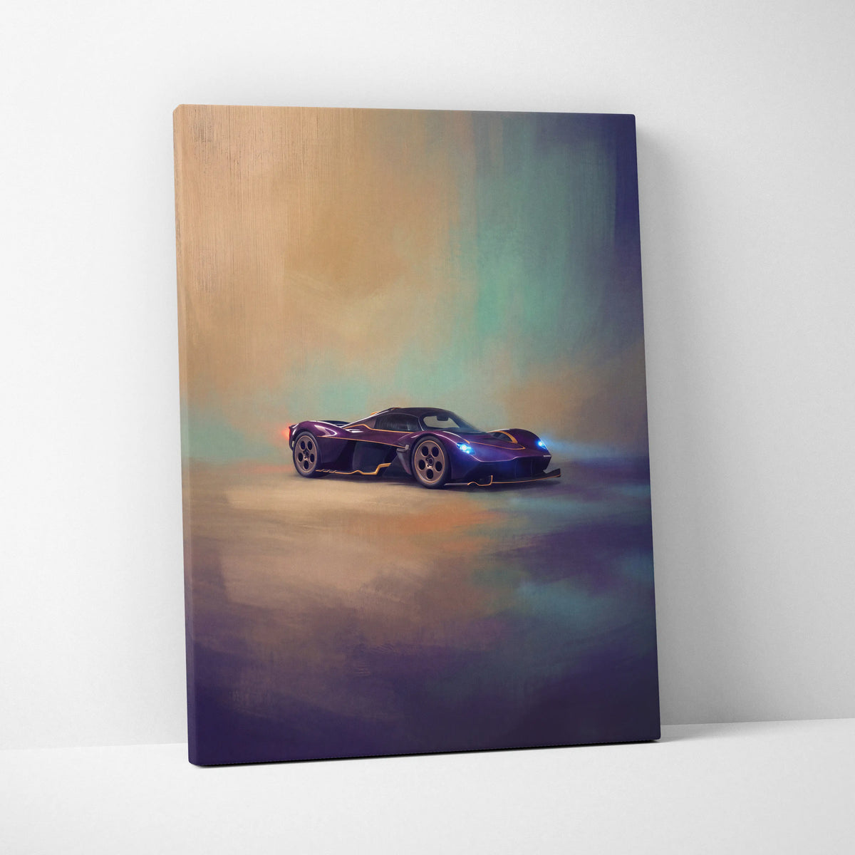 Aston Martin Valkyrie inspired supercar canvas art featuring a sleek purple sports car with glowing blue headlights and orange accents