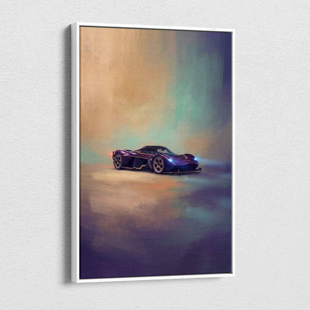 Aston Martin Valkyrie inspired supercar canvas art featuring a sleek dark purple sports car with blue headlights and gold accents