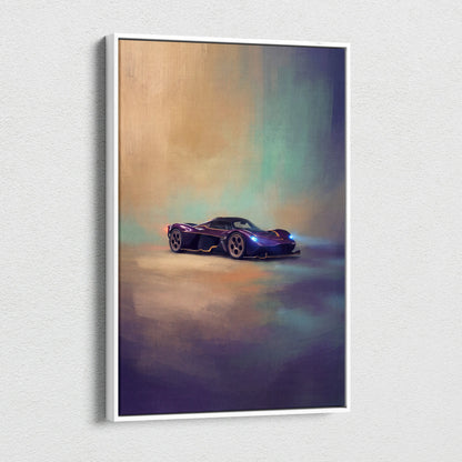 Aston Martin Valkyrie inspired supercar canvas art featuring a sleek dark purple sports car with blue headlights and gold accents