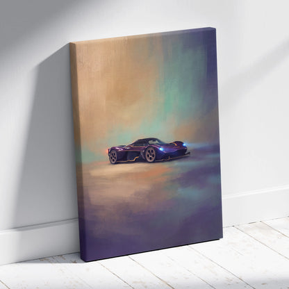 A vibrant canvas print of a futuristic purple Aston Martin Valkyrie inspired sports car with glowing blue headlights